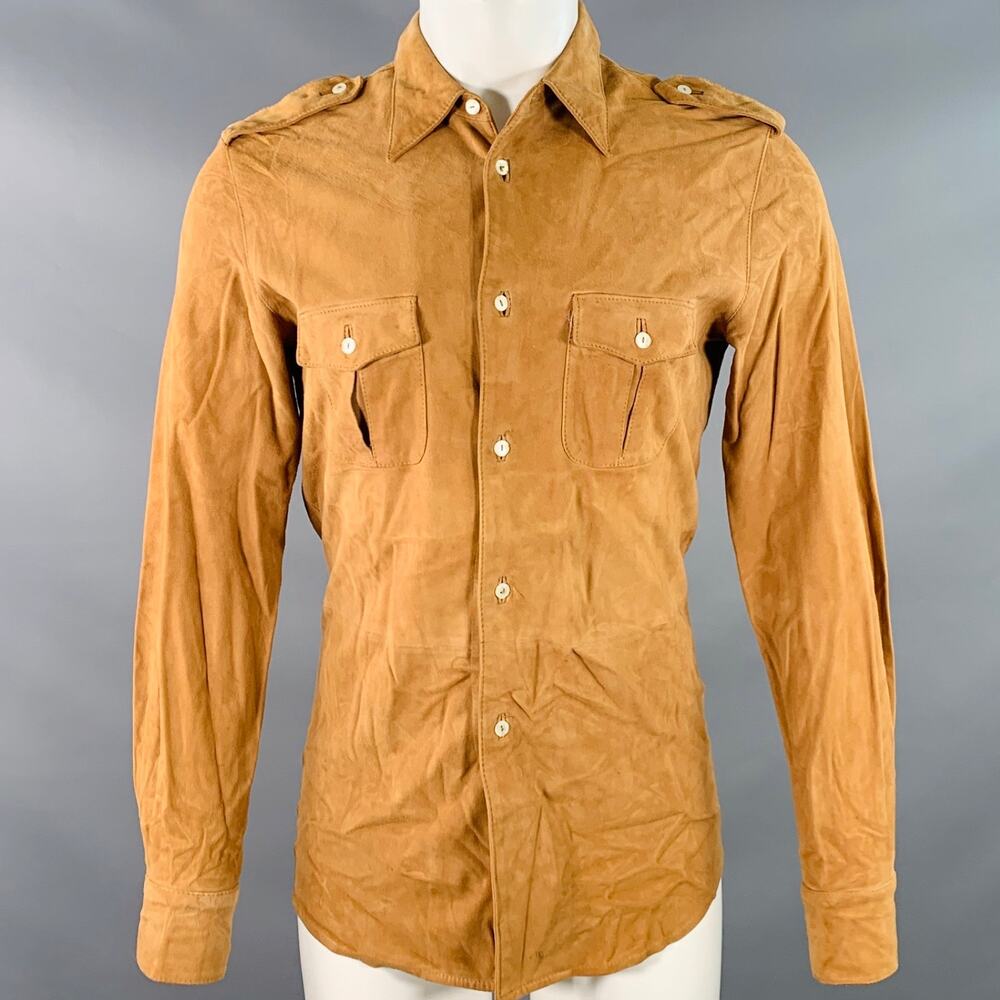 DOLCE & GABBANA XS Camel Suede Military Two Pockets Epaulets Long Sleeve Shirt